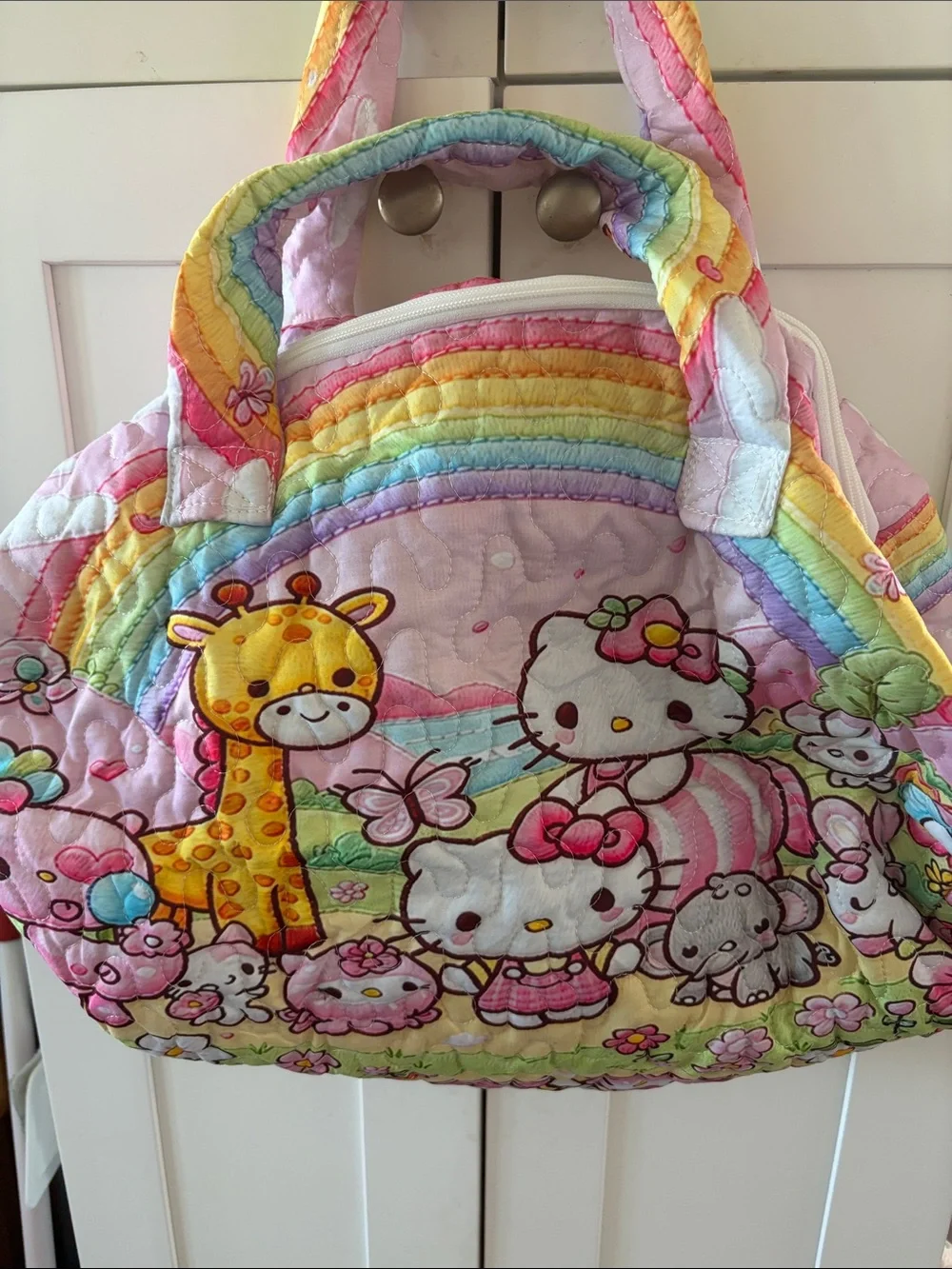Hello Kitty Pastel Rainbow Quilted Kids Tote - Pink Multicolor Large Quilted Bag